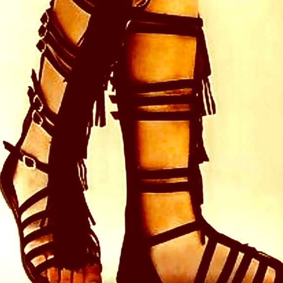 f Shoes - Black Fringe Gladiator Knee High Tall Sandals